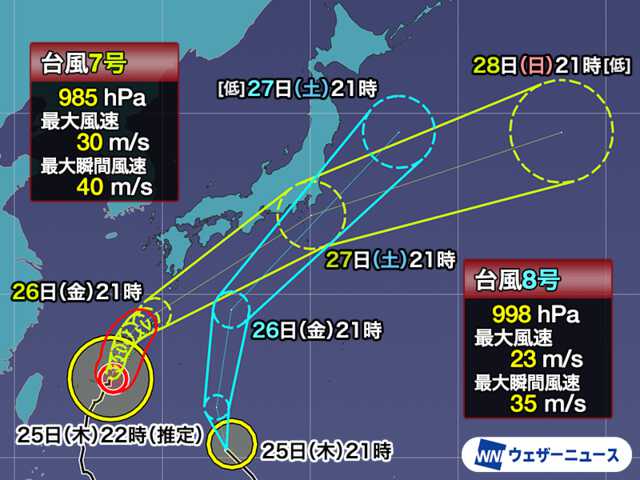 台風7号(メーカラー)・台風8号(ヒーゴス) 26日(金)〜27日(土)は大雨