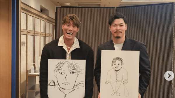 糸井嘉男＆佐藤輝明、“激似”似顔絵との2ショットに反響「テルさん